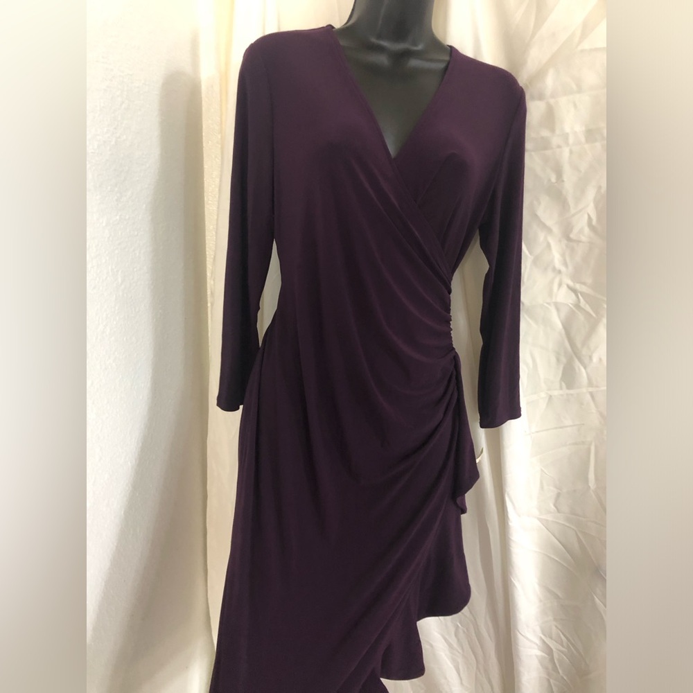Anne Klein purple eggplant uffled gathered side jersey dress size 4 brand new